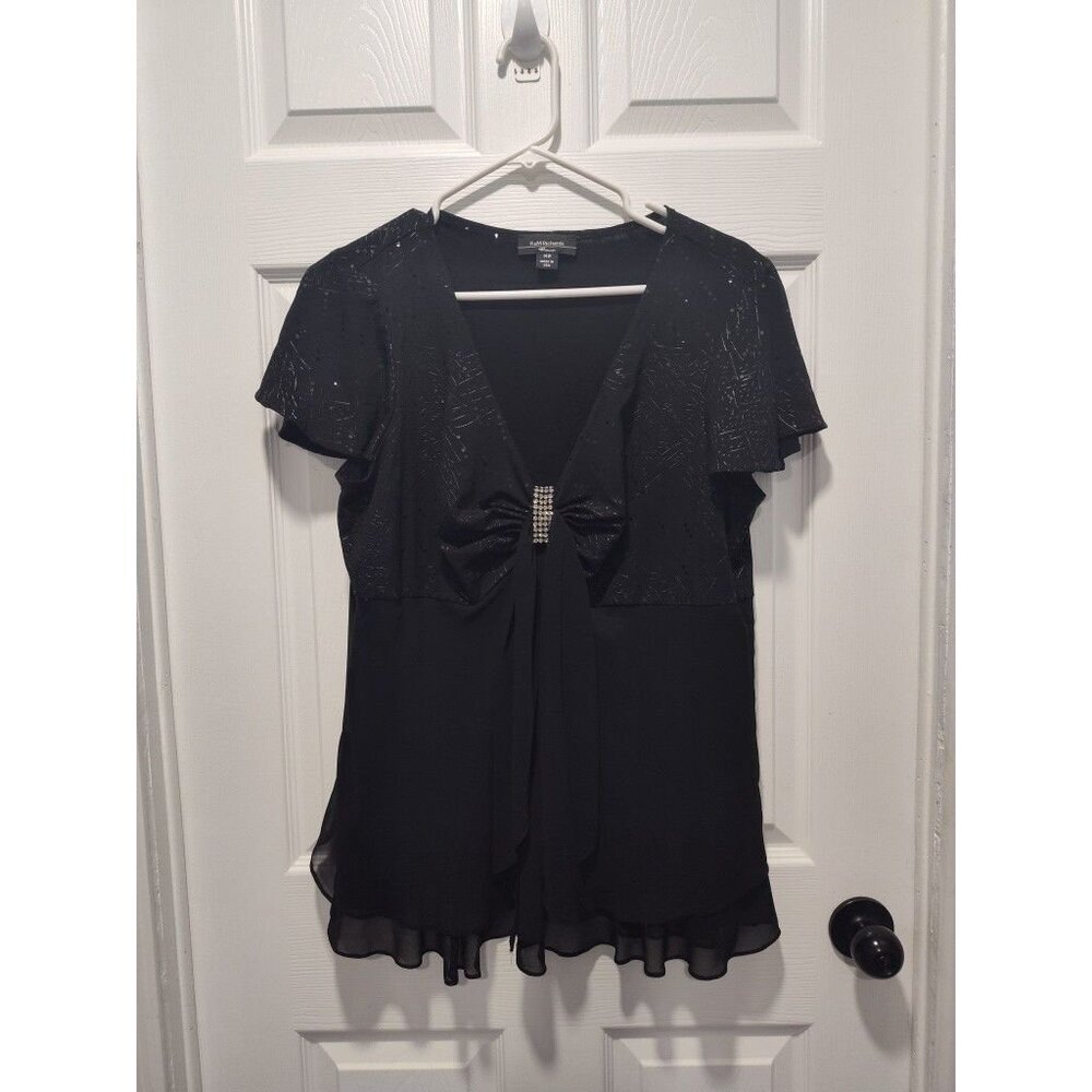 Vtg R&M Richards Woman Top Plus Size 14W Black Sequin Rhinestone Cocktail Blouse
